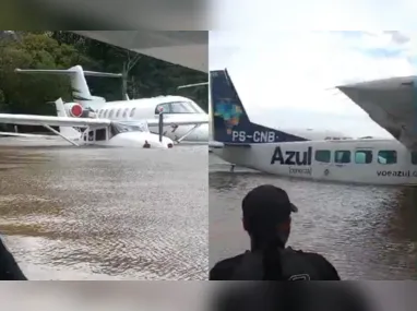 Imagem ilustrativa da imagem Água volta a subir no aeroporto de Porto Alegre e atinge aviões; veja vídeo