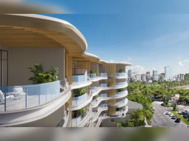 Projeção de varandas de apartamentos do Cyan Ocean Front e a vista para o mar da Curva da Jurema