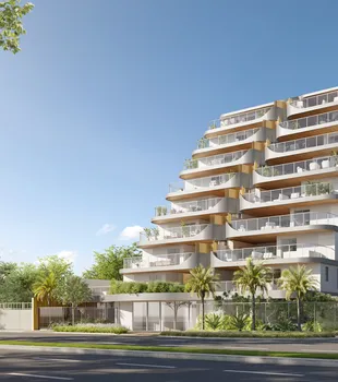 Perspectiva da fachada: inclinação confere ar de modernidade ao empreendimento localizado na avenida principal da orla de Camburi, em Vitória