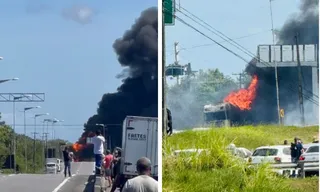 Imagem ilustrativa da imagem VÍDEO: Incêndio e tombamento de carreta interditam Rota do Atlântico, Litoral Sul