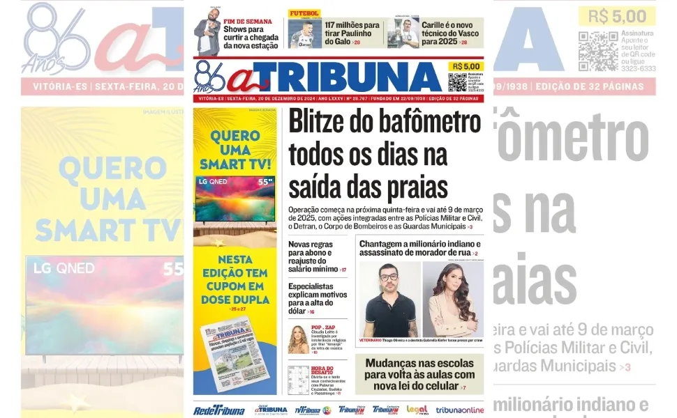 Imagem ilustrativa da imagem Confira os destaques do jornal A Tribuna desta sexta-feira