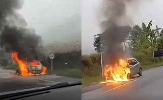Imagem ilustrativa da imagem VÍDEO | Carro pega fogo em rodovia no Sul do ES e família escapa ilesa