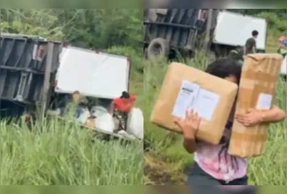 Imagem ilustrativa da imagem Carreta tomba na BR-101 e carga é saqueada no ES