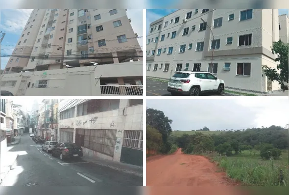 Alguns dos prédios onde estão localizados os imóveis em oferta e terreno oferecido em leilão no Espírito Santo
