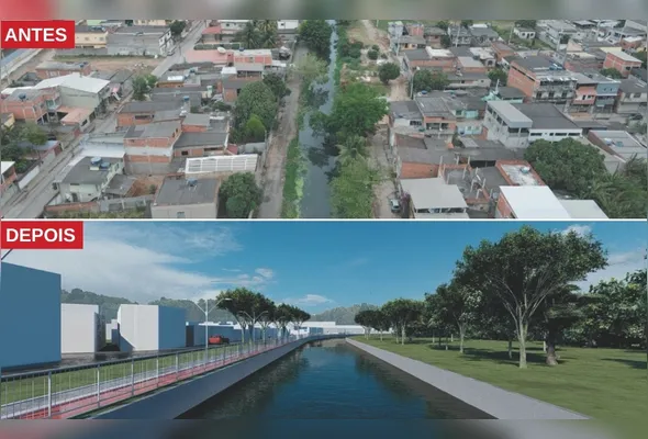 Canal do rio Marinho atualmente e projeção de como vai ficar o local após obras de urbanização e impermeabilização da calha. No total, o serviço terminará, segundo previsão, em 15 meses