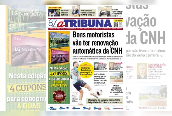 Imagem ilustrativa da imagem Confira os destaques do jornal A Tribuna desta terça-feira