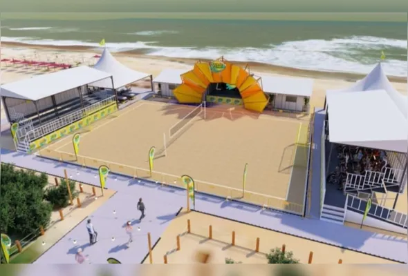 Projeção da nova arena em Guriri, que contará com quadras, palco, área de alimentação e espaço de convivência para receber o público