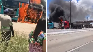 Imagem ilustrativa da imagem Fogo consome caçamba e carreta nova na BR-101 em Igarassu