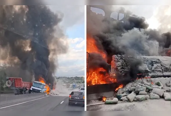 Colisão entre duas carretas provocou um incêndio em ambos os veículos