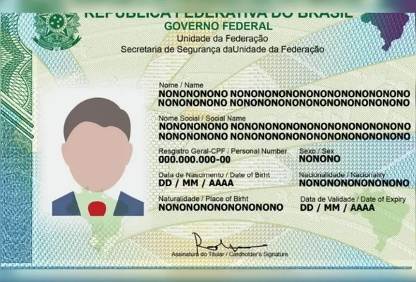 Modelo da Carteira de Identidade Nacional (CIN) do Brasil, que é a nova versão unificada do RG