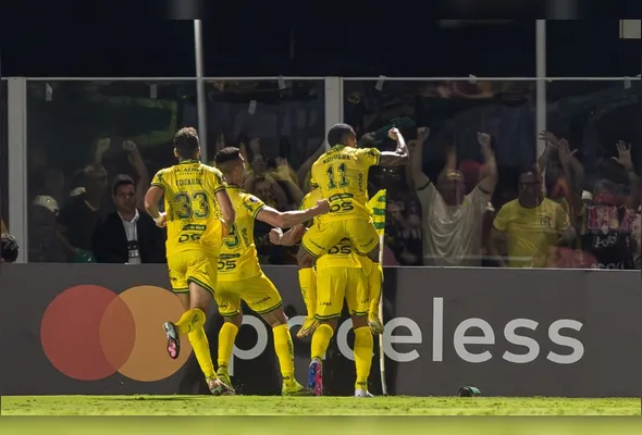 Jogadores do Mirassol comemoram gol marcado contra o Lanús