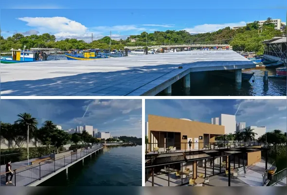 Imagem de como está atualmente a obra do Canal de Camburi e projeções de como o local vai ficar