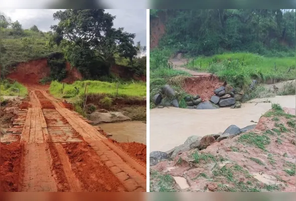Ponte cedeu após chuvas intensas que atingiram o município