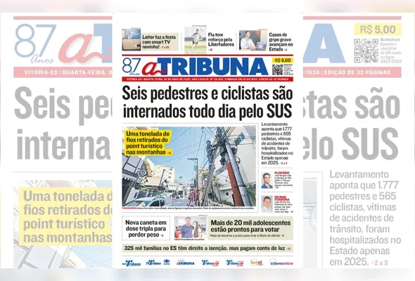 Imagem ilustrativa da imagem Confira os destaques do jornal A Tribuna desta quarta-feira