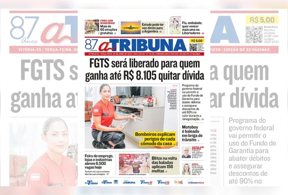 Imagem ilustrativa da imagem Confira os destaques do jornal A Tribuna desta terça-feira
