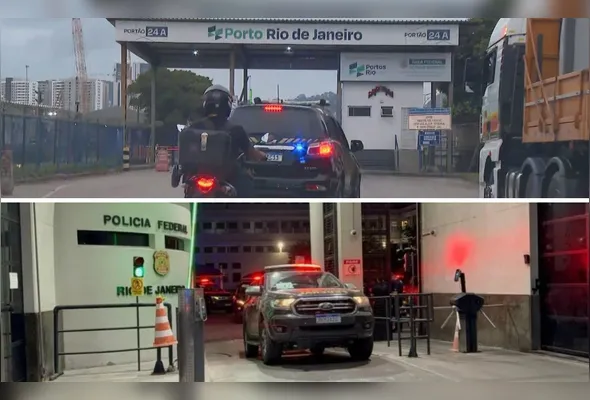 Viaturas da Polícia Federal chegando ao Porto do Rio e saindo da sede da corporação para a operação