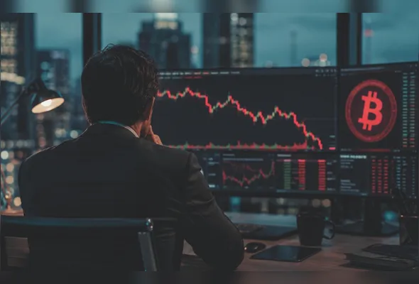 Investidor acompanha trajetória do bitcoin em imagem criada pela Inteligência Artificial: especialistas veem risco de queda ainda maior na criptomoeda