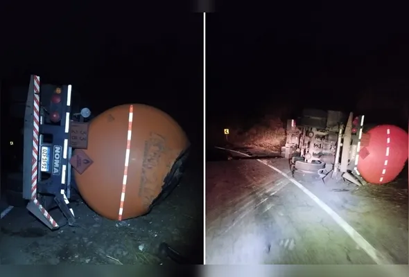 Imagens divulgadas pelo Corpo de Bombeiros mostram o caminhão tanque tombado na região da Curva da Ferradura