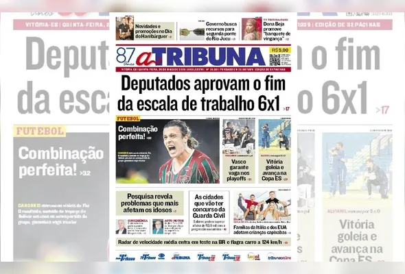 Imagem ilustrativa da imagem Confira os destaques do jornal A Tribuna desta quinta-feira