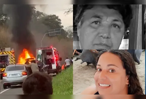 Veículo em que Regina (no alto) e Lorena estavam ficou em chamas após colidir frontalmente com outro