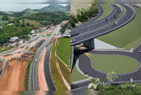 À esquerda, o local onde estão sendo realizadas as obras do novo viaduto e, à direita, a projeção da estrutura pronta, no município de Piúma