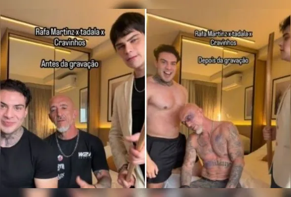 Nas imagens, Cristian aparece com maquiagem que simulava ferimentos e ao lado de um taco de madeira
