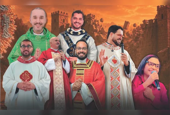 Sacerdotes e a cantora Raquel Carpenter, que participam do I Cerco de Jericó na Praia de Itaparica