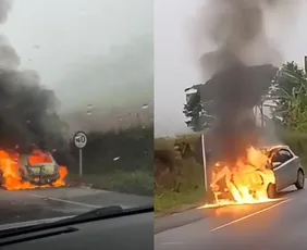 Imagem ilustrativa da imagem VÍDEO | Carro pega fogo em rodovia no Sul do ES e família escapa ilesa