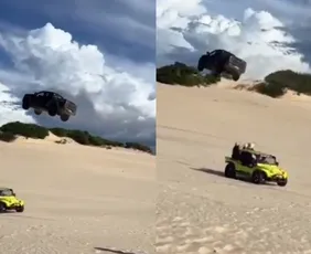 Imagem ilustrativa da imagem VÍDEO | Carro salta sobre outro veículo em duna no Ceará