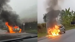 Imagem ilustrativa da imagem VÍDEO | Carro pega fogo em rodovia no Sul do ES e família escapa ilesa