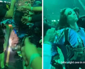 Imagem ilustrativa da imagem Fã puxa Billie Eilish e cantora cai em grade de proteção durante show