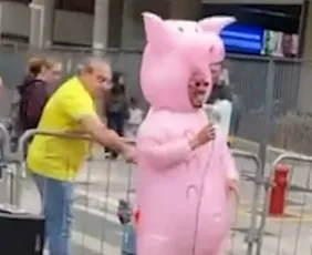 Imagem ilustrativa da imagem Homem golpeia 'porquinho da Paulista' com garfo durante manifestação