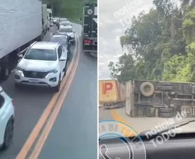 Imagem ilustrativa da imagem Carreta tomba e BR-101 fica parcialmente interditada em Rio Novo do Sul
