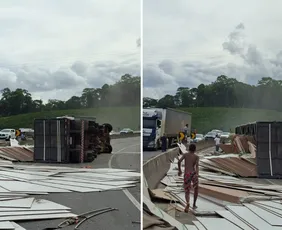 Imagem ilustrativa da imagem Carreta tomba e interdita trânsito na BR-101 em Ibiraçu