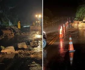 Imagem ilustrativa da imagem Deslizamento de rochas após fortes chuvas interdita rodovia no Sul do ES