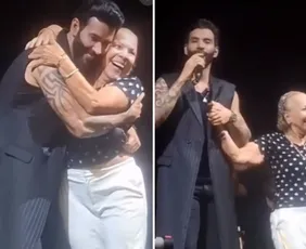 Imagem ilustrativa da imagem Fã sobe ao palco e surpreende Gusttavo Lima ao dizer que tem 102 anos