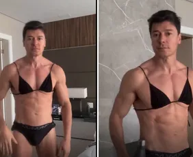 Imagem ilustrativa da imagem Rodrigo Faro aparece de biquíni no pós-treino e brinca: 'Manter o foco'