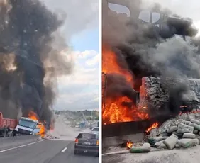 Imagem ilustrativa da imagem Carretas pegam fogo após colidirem em rodovia no ES