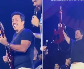Imagem ilustrativa da imagem Humorista do ES Renato Albani chama atenção ao tocar guitarra em show de carnaval
