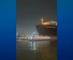 Imagem ilustrativa da imagem Navio atinge balsas no Porto de Santos e tripulantes pulam no mar