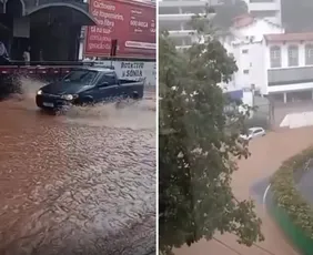 Imagem ilustrativa da imagem VÍDEO | Chuva forte alaga ruas e causa transtornos no trânsito no Sul do ES