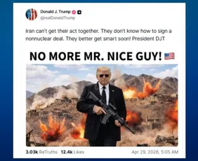 Imagem ilustrativa da imagem Trump diz que cansou de ser 'bonzinho' com Irã e exibe imagem de IA com fuzil