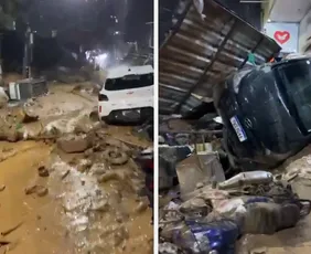 Imagem ilustrativa da imagem Chuva causa deslizamento na Rocinha e arrasta veículos no RJ