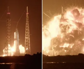 Imagem ilustrativa da imagem VÍDEO: foguete da Blue Origin explode na plataforma de lançamento durante teste