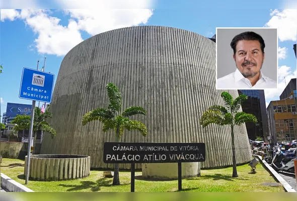 Sede da Câmara de Vitória e foto de Baiano do Salão em destaque: vereadores defendem cassação parlamentar condenado por estupro