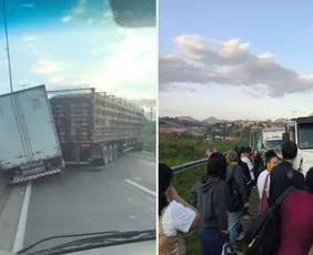 Imagem ilustrativa da imagem Acidente entre duas carretas, caminhão e ônibus interdita Rodovia do Contorno