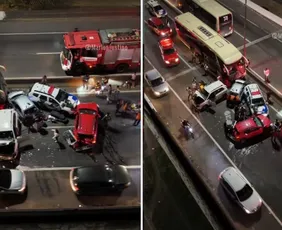 Imagem ilustrativa da imagem Acidente entre ônibus, carros e viatura da PM deixa feridos na BR-101 em Viana