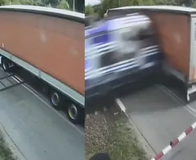 Imagem ilustrativa da imagem Vídeo mostra caminhão atingido por trem após ficar preso em trilhos