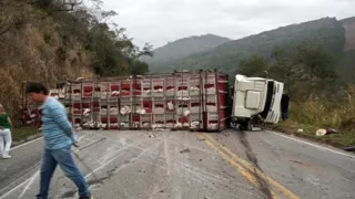 Imagem ilustrativa da imagem Caminhão com carga de frangos vivos tomba em rodovia no ES