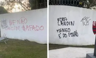 Imagem ilustrativa da imagem Torcedores do Flamengo picham muros do CT e protestam contra presidente Landim